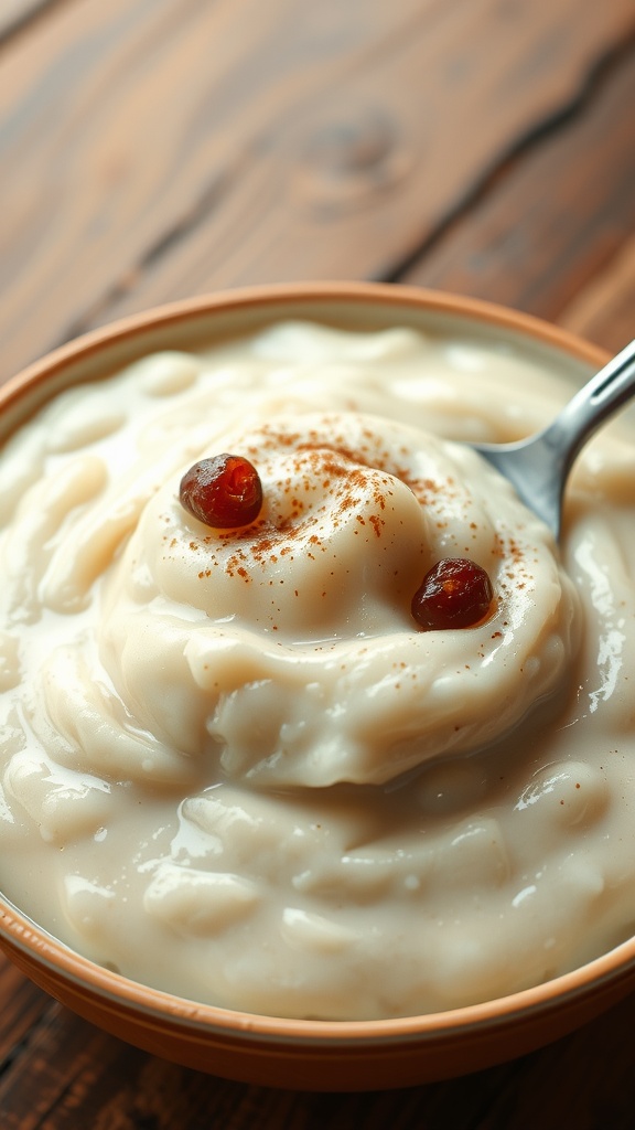 Creamy rice pudding in a bowl, topped with cinnamon and raisins, on a wooden table.